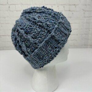 Tahki Yarns Donegal Tweed Blue Wool Cable‎ Knit Beanie Hat Handmade Ireland NEW